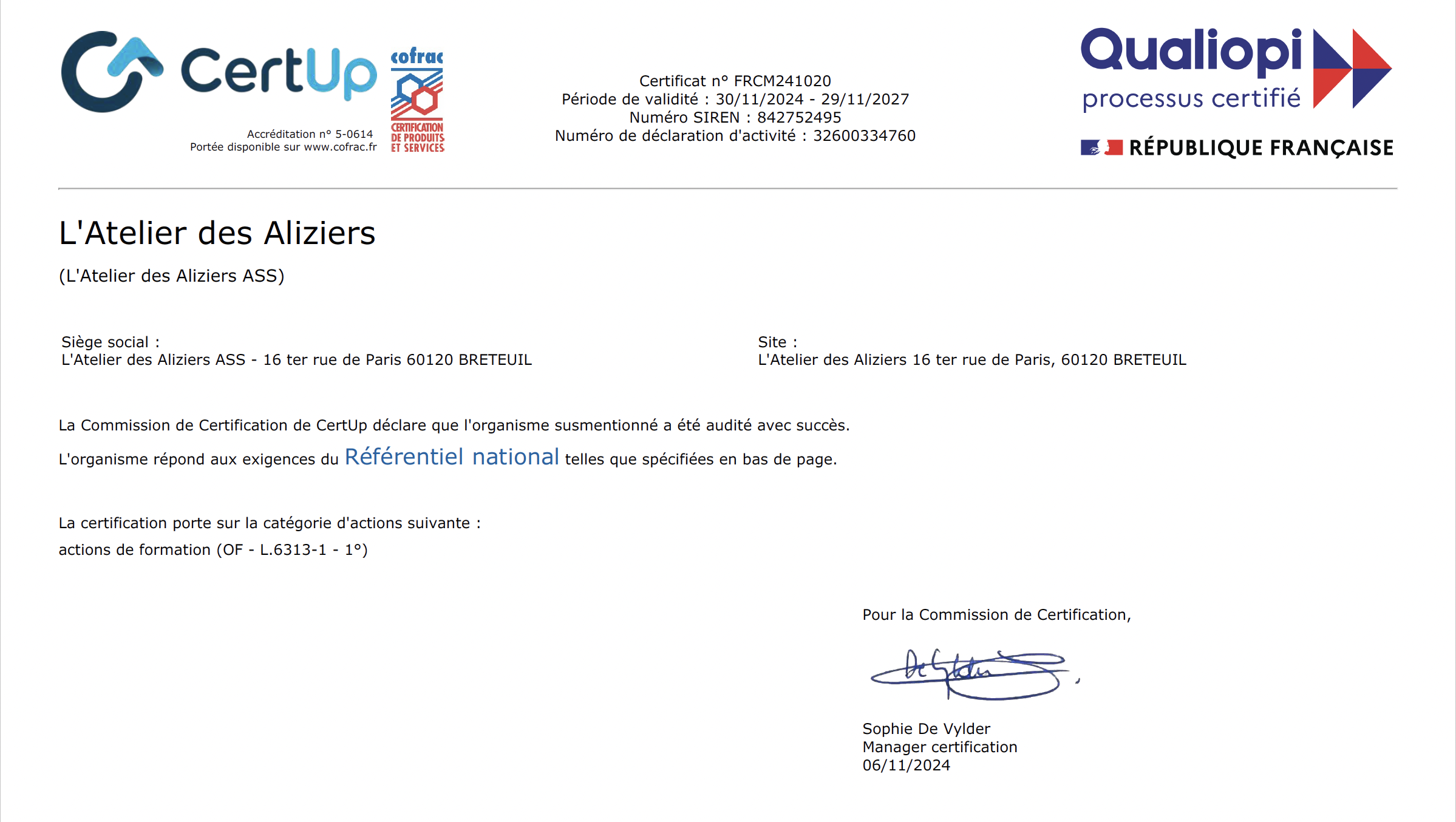 Certificat Qualiopi 2021 L Atelier des Aliziers Page 1